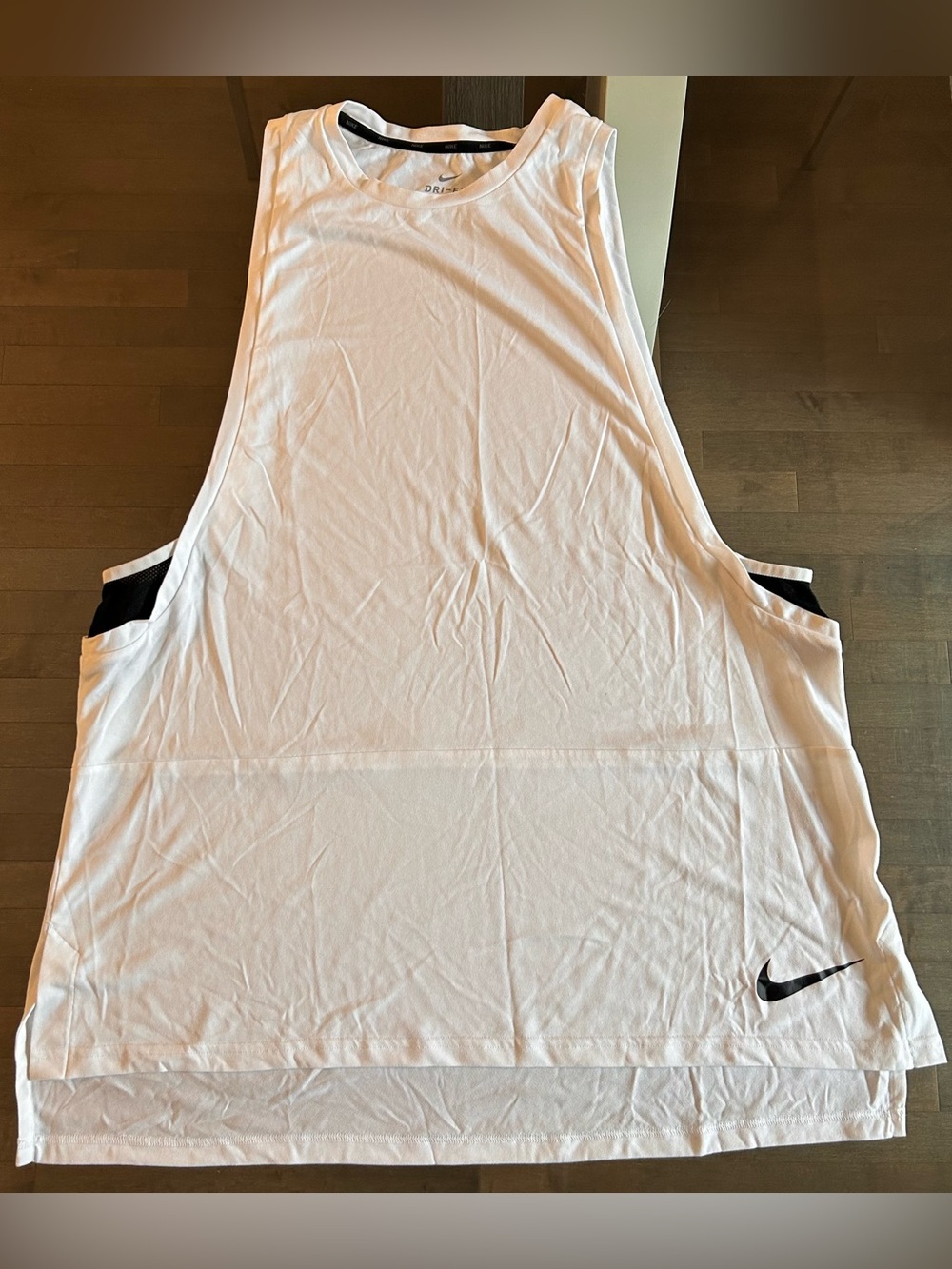 Men’s Nike White Dri-FIT Drop Armhole Workout Tank – All white with Black